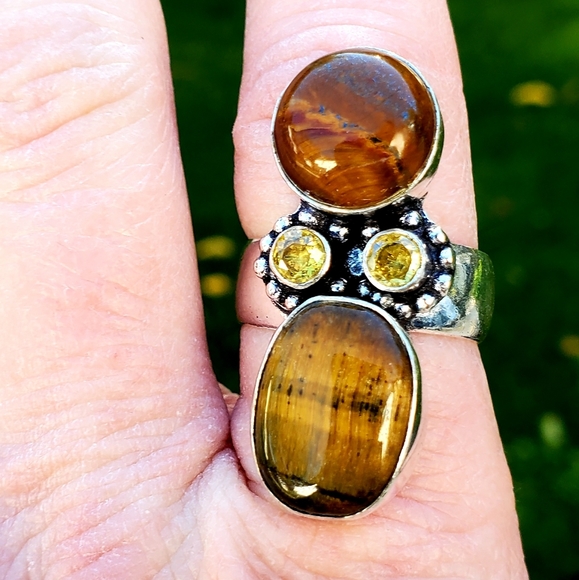 New Tiger Eye and Citrine 925 Silver Statement Ring. - Picture 13 of 16